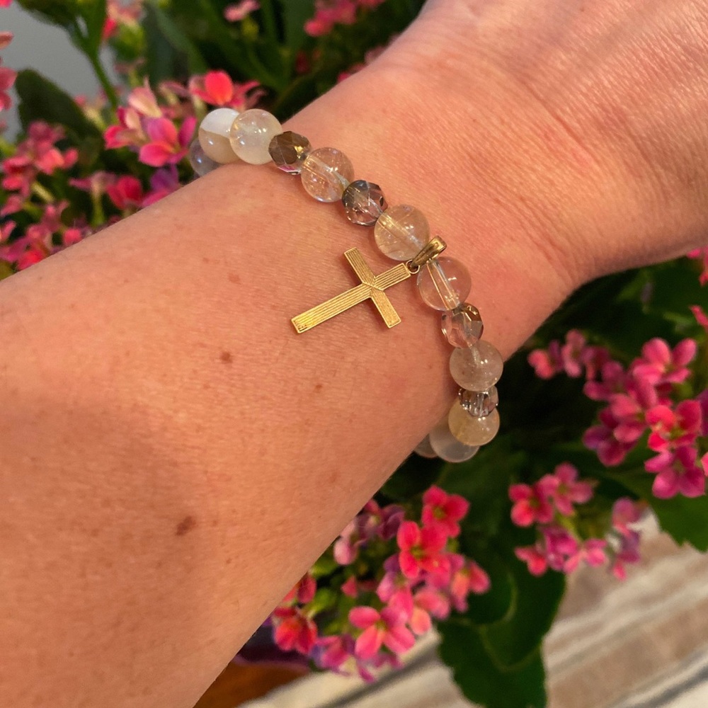 Vintage 14k Solid Gold Cross Charm, Handmade Prayer Bead Stretch Bracelet
